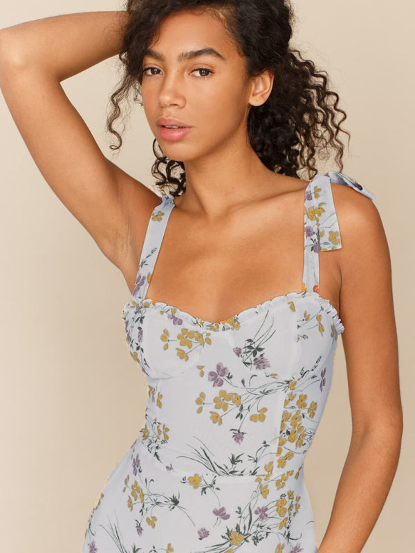 Blue Zone Planet | Small fresh floral print slim-fit tie dress BLUE ZONE PLANET