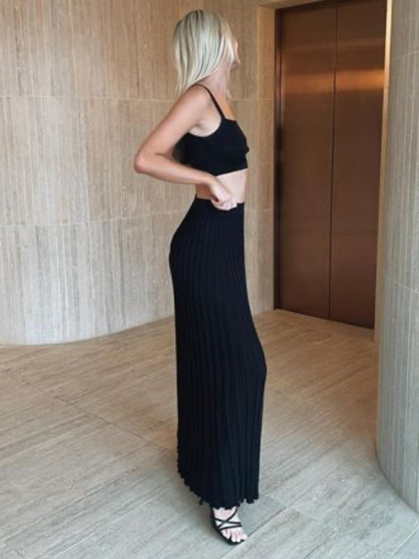Blue Zone Planet | Knitted Camisole + Skirt Elegant Sleeveless Short Top Pleated Skirt Set kakaclo