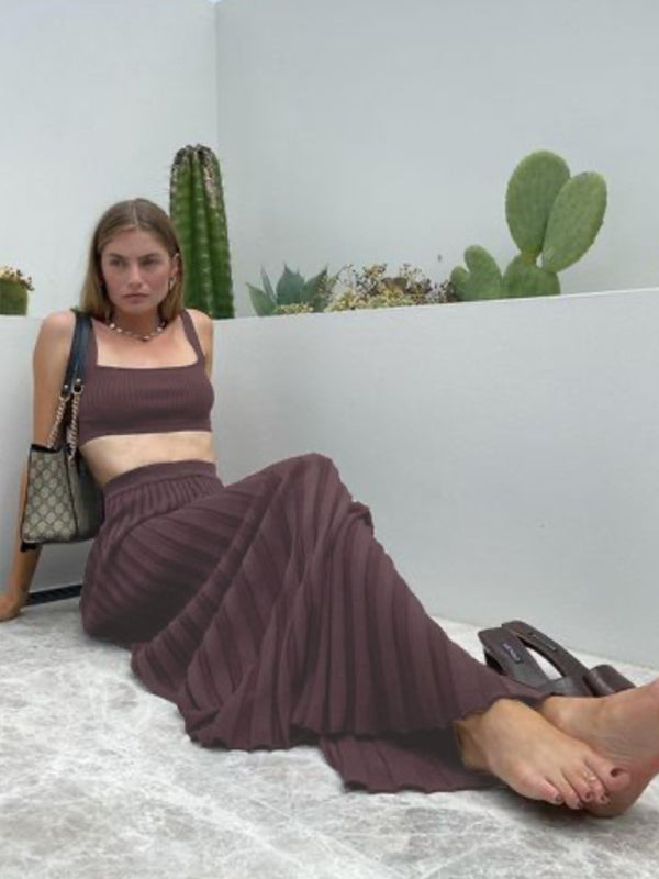 Blue Zone Planet | Knitted Camisole + Skirt Elegant Sleeveless Short Top Pleated Skirt Set kakaclo