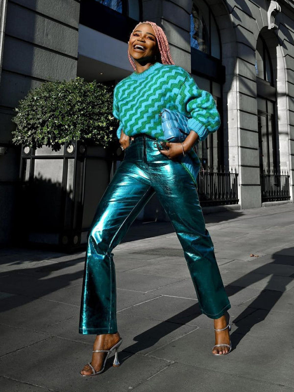 Blue Zone Planet | Mia's Metallic Candy Color High Waist PU Leather Pants BLUE ZONE PLANET