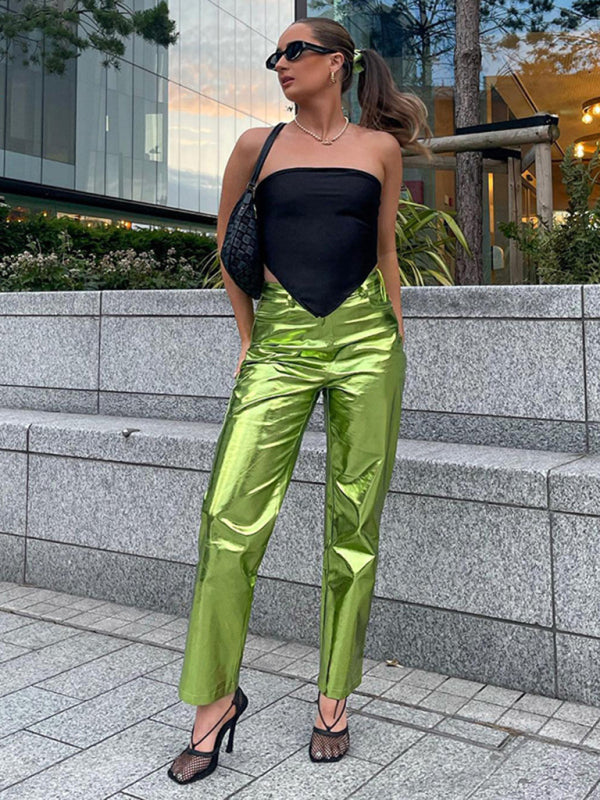 Blue Zone Planet | Mia's Metallic Candy Color High Waist PU Leather Pants BLUE ZONE PLANET
