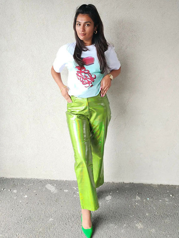 Blue Zone Planet | Mia's Metallic Candy Color High Waist PU Leather Pants BLUE ZONE PLANET