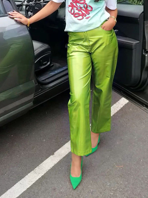 Blue Zone Planet | Mia's Metallic Candy Color High Waist PU Leather Pants BLUE ZONE PLANET