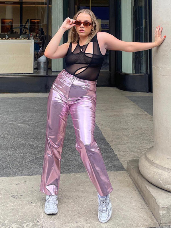 Blue Zone Planet | Mia's Metallic Candy Color High Waist PU Leather Pants BLUE ZONE PLANET
