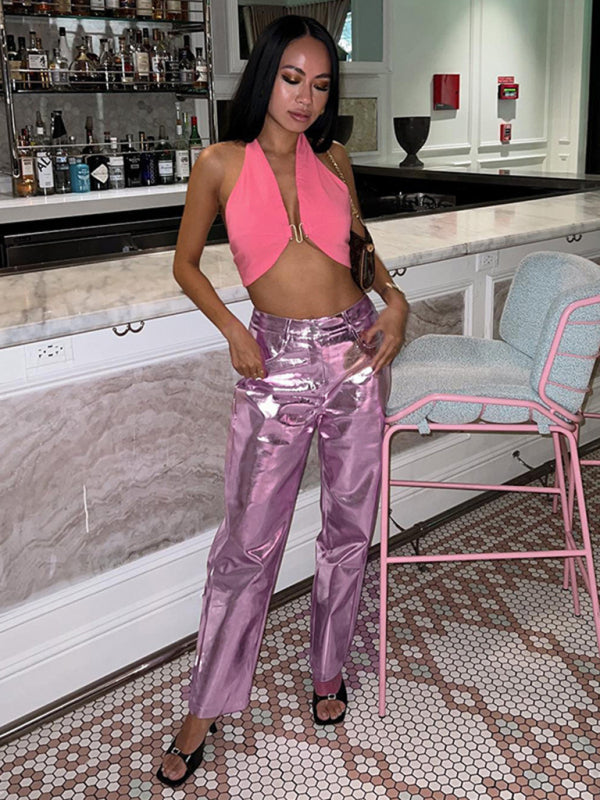Blue Zone Planet | Mia's Metallic Candy Color High Waist PU Leather Pants BLUE ZONE PLANET