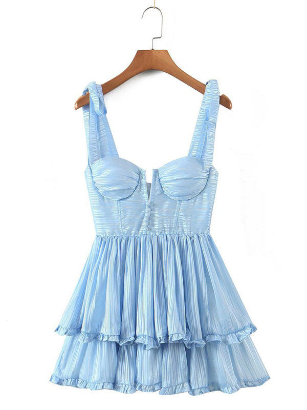 Blue Zone Planet | Summer three-color three-layer colorful silk chiffon pleated dress with tie BLUE ZONE PLANET