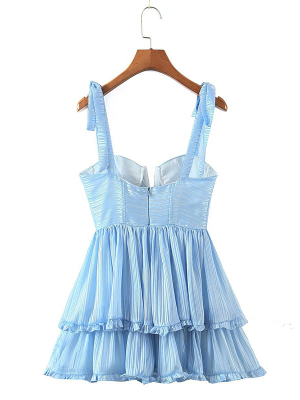 Blue Zone Planet | Summer three-color three-layer colorful silk chiffon pleated dress with tie BLUE ZONE PLANET