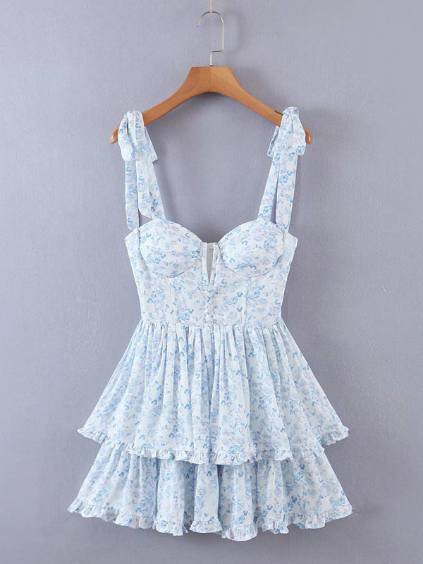 Blue Zone Planet | Summer three-color three-layer colorful silk chiffon pleated dress with tie BLUE ZONE PLANET