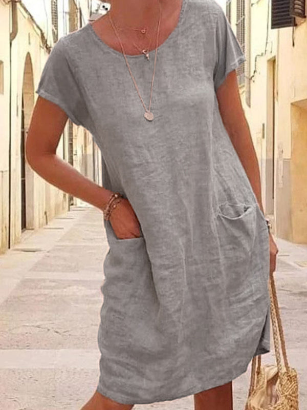 Blue Zone Planet | Loose Solid Color Pocket Short Sleeve Round Neck Cotton Linen Dress BLUE ZONE PLANET