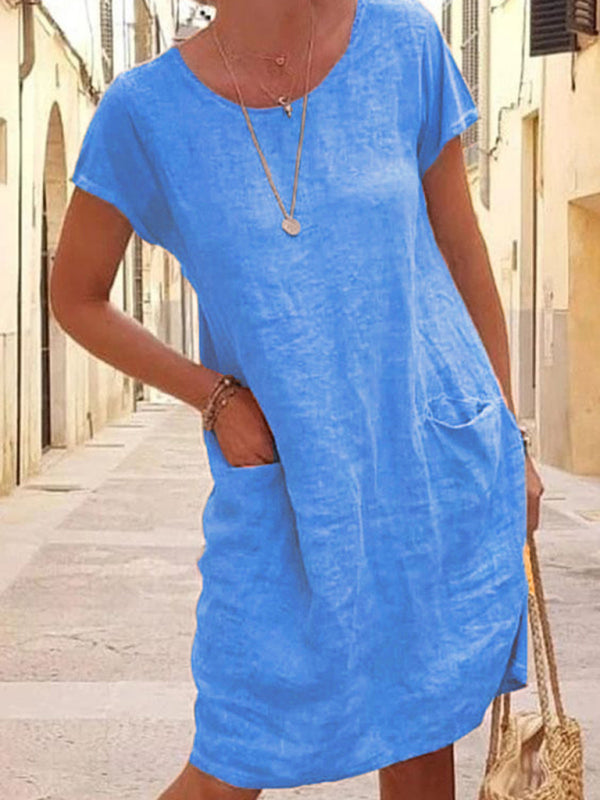 Blue Zone Planet | Loose Solid Color Pocket Short Sleeve Round Neck Cotton Linen Dress BLUE ZONE PLANET