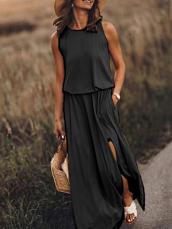 Round Neck Sleeveless Dress Slit Multicolor Solid Color Long Dress kakaclo