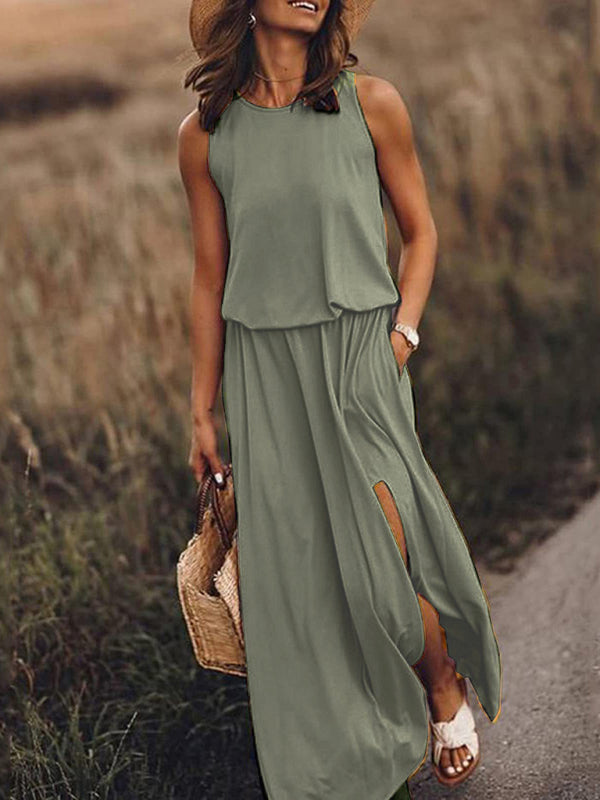 Round Neck Sleeveless Dress Slit Multicolor Solid Color Long Dress kakaclo