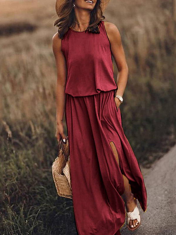 Round Neck Sleeveless Dress Slit Multicolor Solid Color Long Dress kakaclo