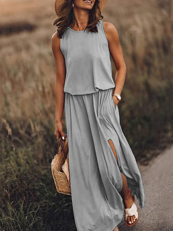 Round Neck Sleeveless Dress Slit Multicolor Solid Color Long Dress kakaclo
