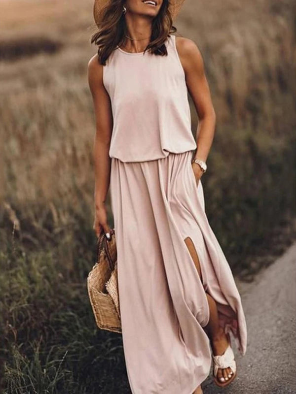 Round Neck Sleeveless Dress Slit Multicolor Solid Color Long Dress kakaclo