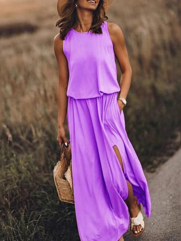 Round Neck Sleeveless Dress Slit Multicolor Solid Color Long Dress kakaclo