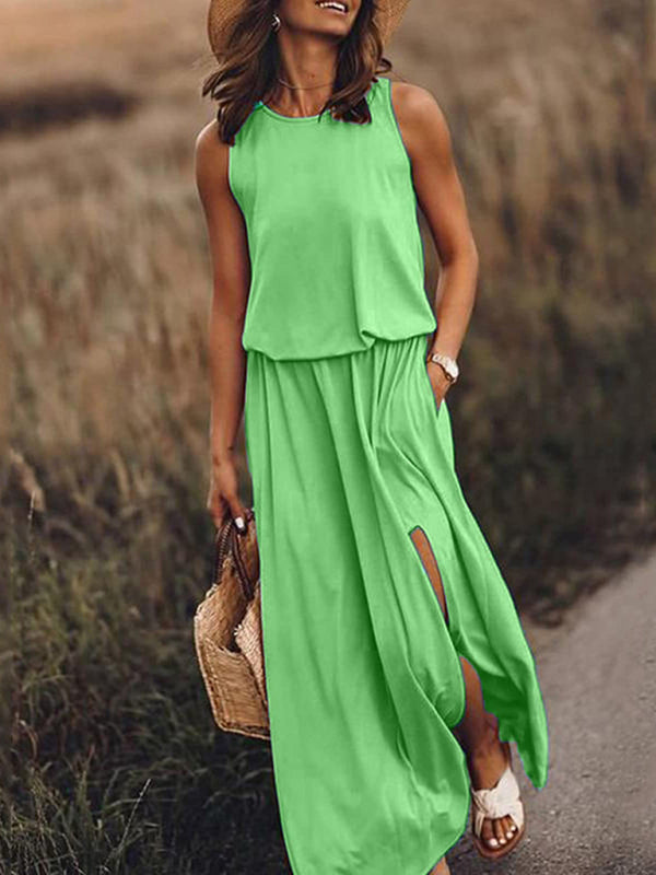 Round Neck Sleeveless Dress Slit Multicolor Solid Color Long Dress kakaclo