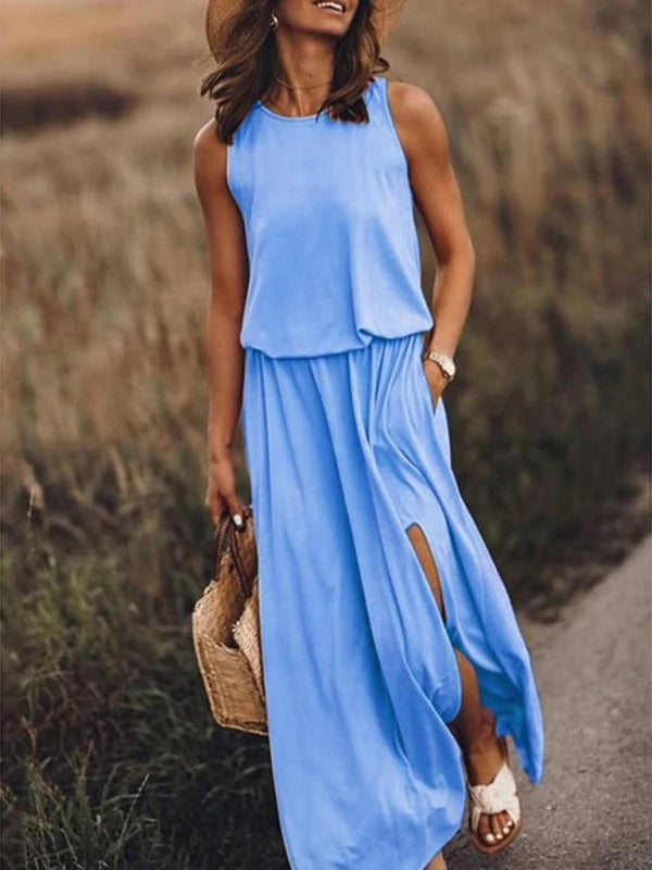 Round Neck Sleeveless Dress Slit Multicolor Solid Color Long Dress kakaclo