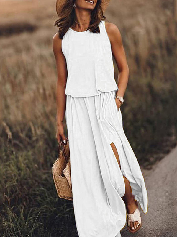 Round Neck Sleeveless Dress Slit Multicolor Solid Color Long Dress kakaclo