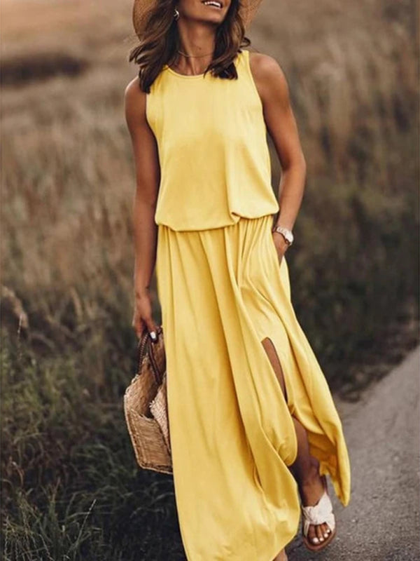 Round Neck Sleeveless Dress Slit Multicolor Solid Color Long Dress kakaclo