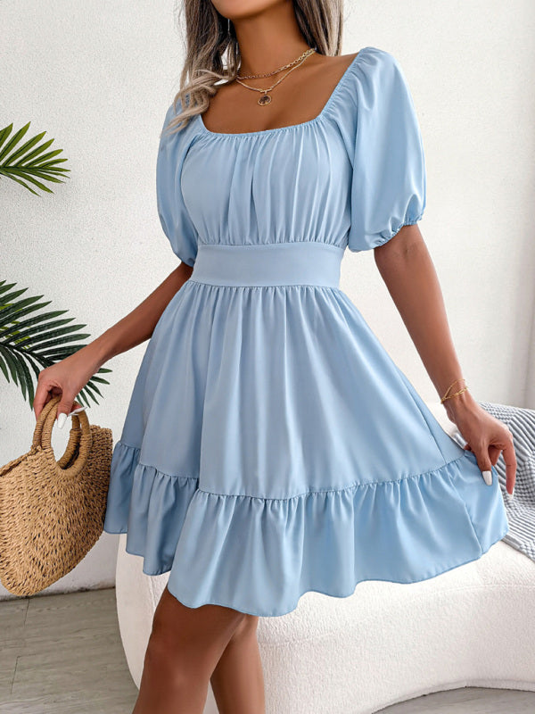 Square Neck Open Back Strap Ruffled Swing Dress kakaclo
