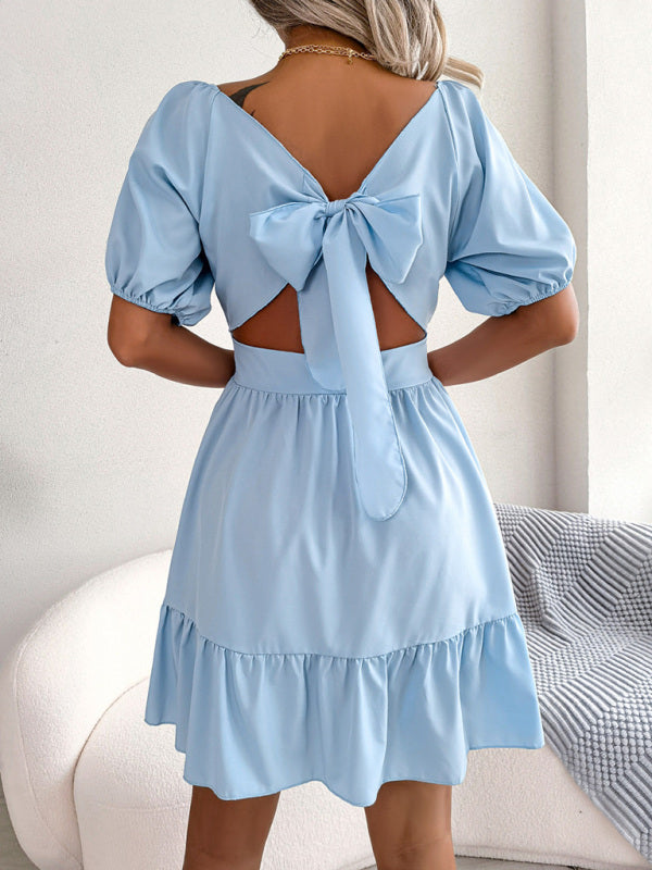Square Neck Open Back Strap Ruffled Swing Dress kakaclo