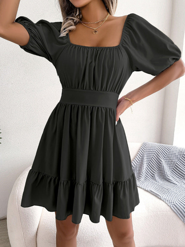 Square Neck Open Back Strap Ruffled Swing Dress kakaclo
