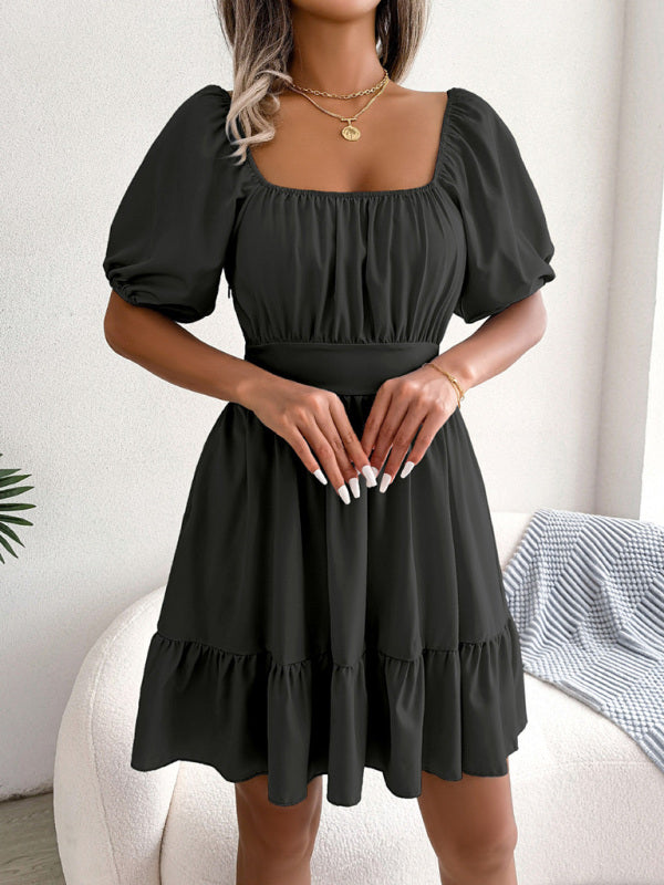 Square Neck Open Back Strap Ruffled Swing Dress kakaclo