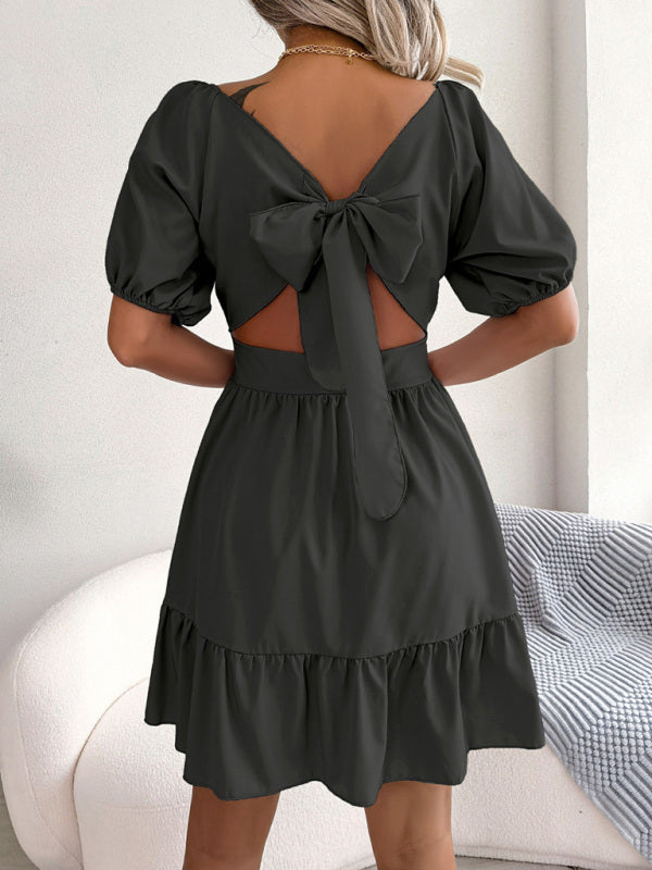 Square Neck Open Back Strap Ruffled Swing Dress kakaclo