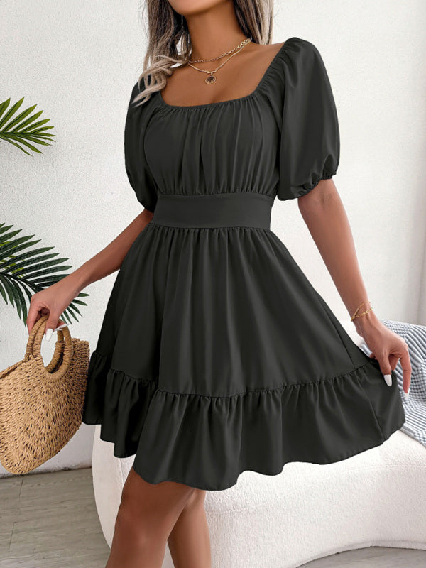 Square Neck Open Back Strap Ruffled Swing Dress kakaclo