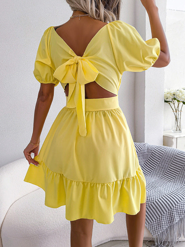 Square Neck Open Back Strap Ruffled Swing Dress kakaclo