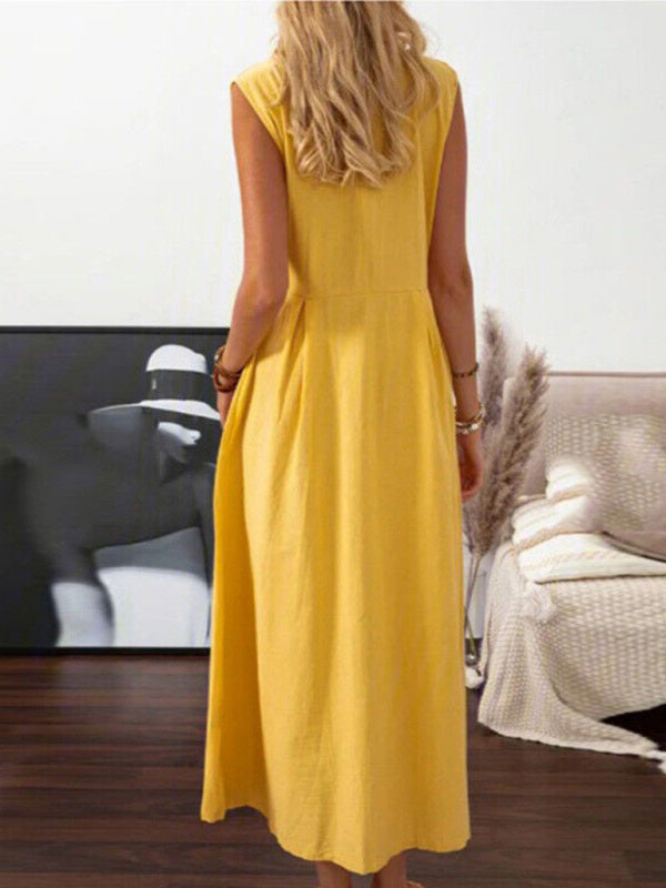 lapel collar sleeveless cotton and linen mid-length dress BLUE ZONE PLANET