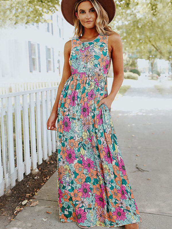 Blue Zone Planet | Ladies Floral Print Round Neck Sleeveless Maxi Dress BLUE ZONE PLANET