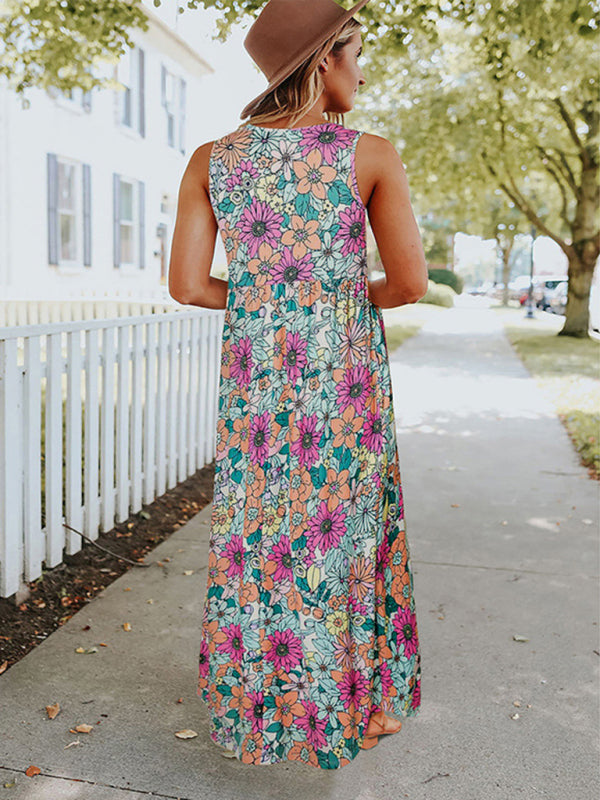 Blue Zone Planet | Ladies Floral Print Round Neck Sleeveless Maxi Dress BLUE ZONE PLANET