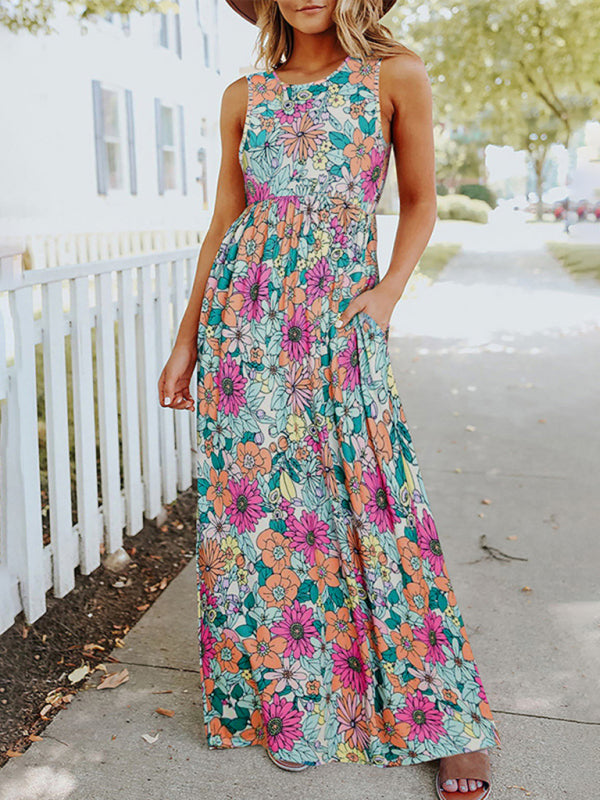 Blue Zone Planet |  Ladies Floral Print Round Neck Sleeveless Maxi Dress BLUE ZONE PLANET