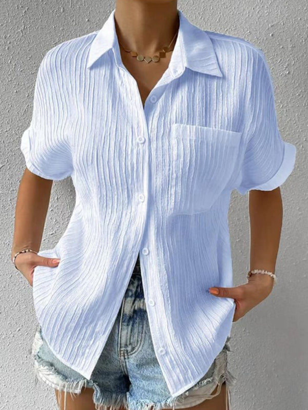 Blue Zone Planet | Solid Color Comfortable Sweet Lapel Pocket Cardigan Short Sleeve Shirt BLUE ZONE PLANET