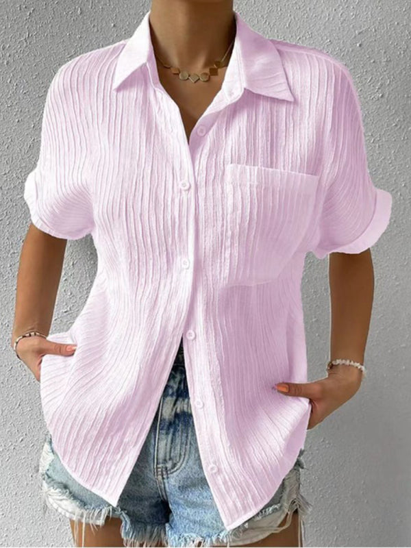 Blue Zone Planet | Solid Color Comfortable Sweet Lapel Pocket Cardigan Short Sleeve Shirt BLUE ZONE PLANET