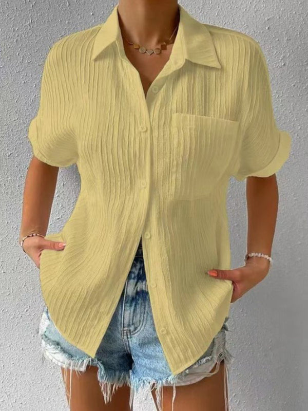 Blue Zone Planet | Solid Color Comfortable Sweet Lapel Pocket Cardigan Short Sleeve Shirt BLUE ZONE PLANET