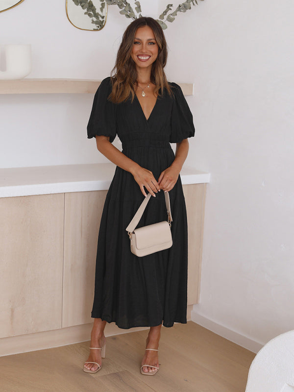 Blue Zone Planet | Holiday Style Deep V Puff Sleeve Dress BLUE ZONE PLANET