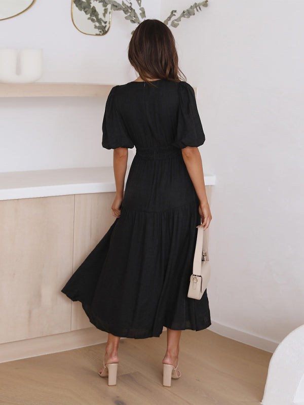 Blue Zone Planet | Holiday Style Deep V Puff Sleeve Dress BLUE ZONE PLANET