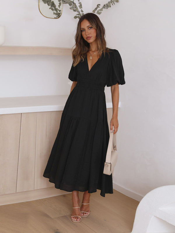 Blue Zone Planet | Holiday Style Deep V Puff Sleeve Dress BLUE ZONE PLANET