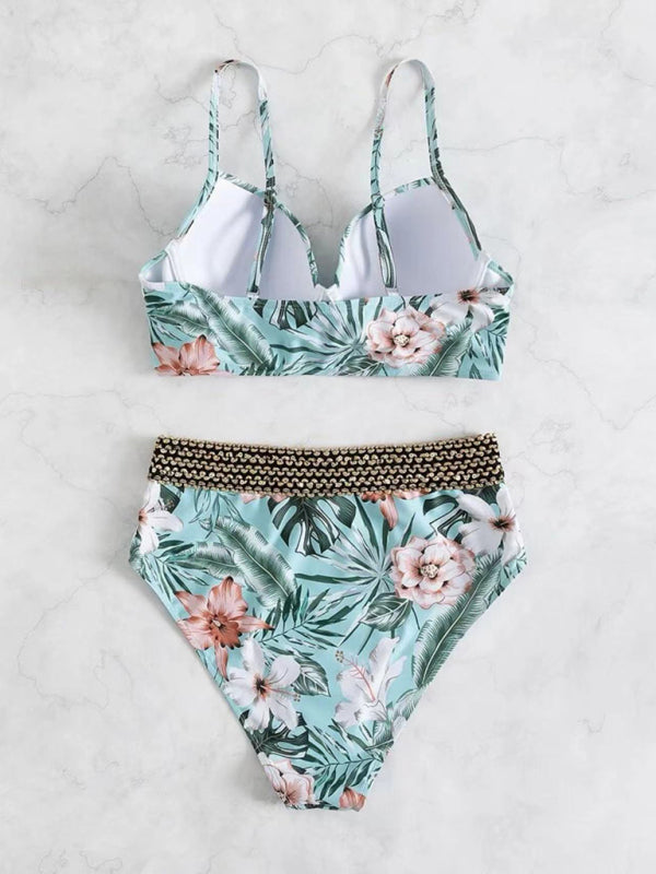 Ava's Hibiscus Floral Print Front Cross Tie Bikini Swimsuit kakaclo
