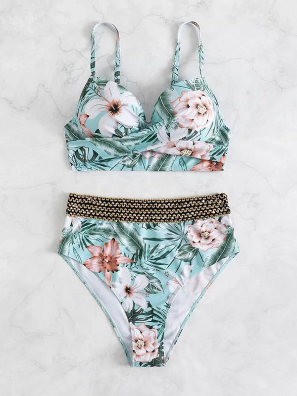 Ava's Hibiscus Floral Print Front Cross Tie Bikini Swimsuit kakaclo
