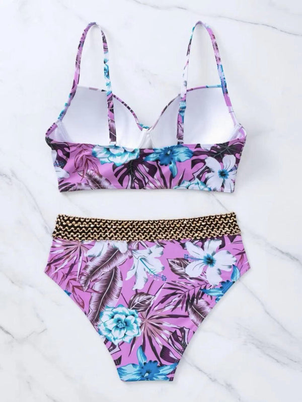 Ava's Hibiscus Floral Print Front Cross Tie Bikini Swimsuit kakaclo