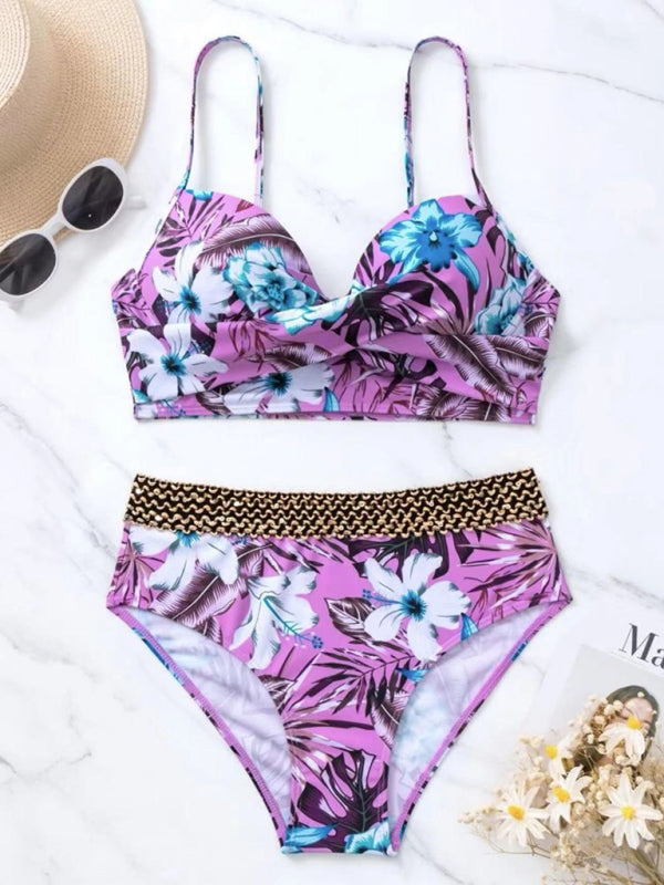 Ava's Hibiscus Floral Print Front Cross Tie Bikini Swimsuit kakaclo