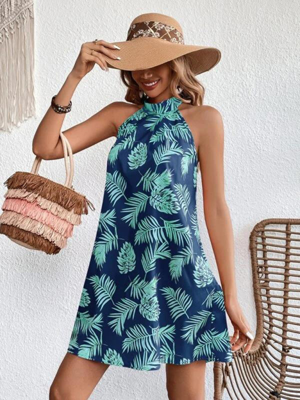 Blue Zone Planet |  Woven Halter Leaf Print Sleeveless Dress BLUE ZONE PLANET