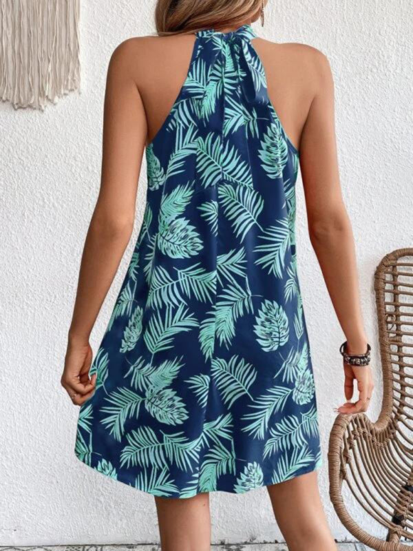 Blue Zone Planet | Woven Halter Leaf Print Sleeveless Dress BLUE ZONE PLANET