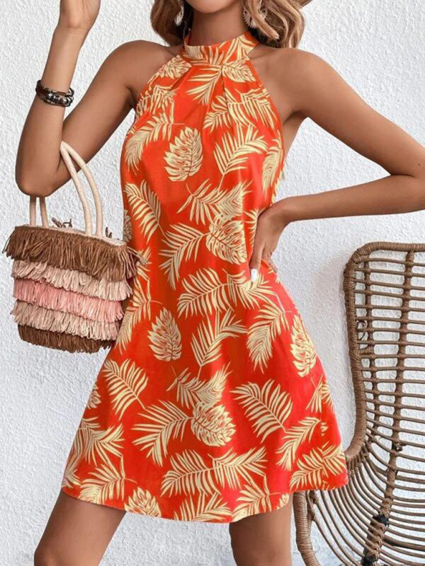 Blue Zone Planet | Woven Halter Leaf Print Sleeveless Dress BLUE ZONE PLANET