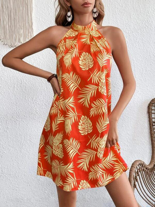 Blue Zone Planet |  Woven Halter Leaf Print Sleeveless Dress BLUE ZONE PLANET