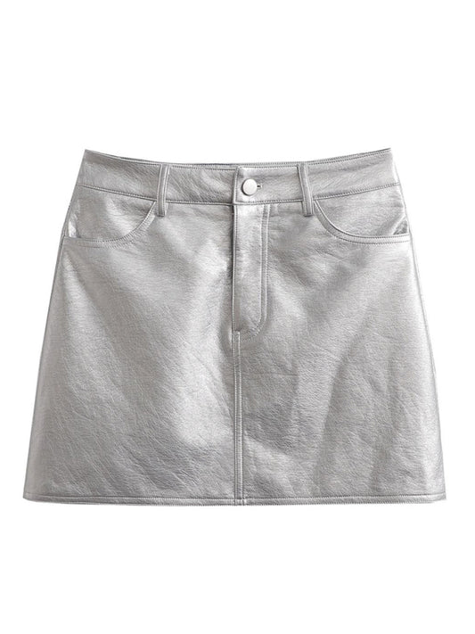 Blue Zone Planet |  New Spice Girl Style High Waist Silver Short Leather Skirt Skirt kakaclo